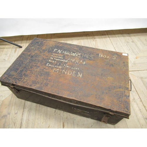 458 - C20th japanned metal trunk W85.5cm D52cm H29cm