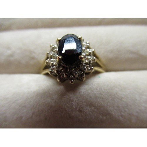 39 - Hallmarked 9ct yellow gold diamond and sapphire cluster ring, size N and a pair of sapphire and whit... 