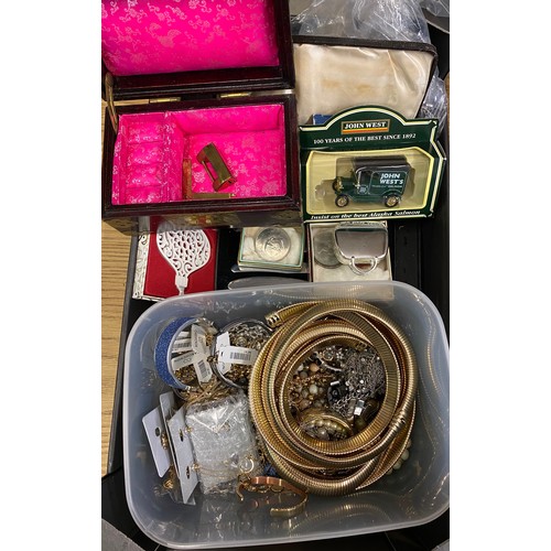 66 - Large collection of costume jewellery, John West toy van, a collection of coinage, a wooden jeweller... 