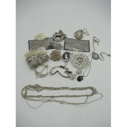 62 - Collection of necklace pendants and brooches, eight sterling silver chains stamped sterling, approx ... 