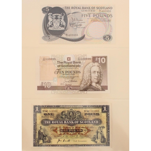 604 - Good collection of Scottish bank notes presented in blue folder, incl. National Bank of Scotland £1 ... 