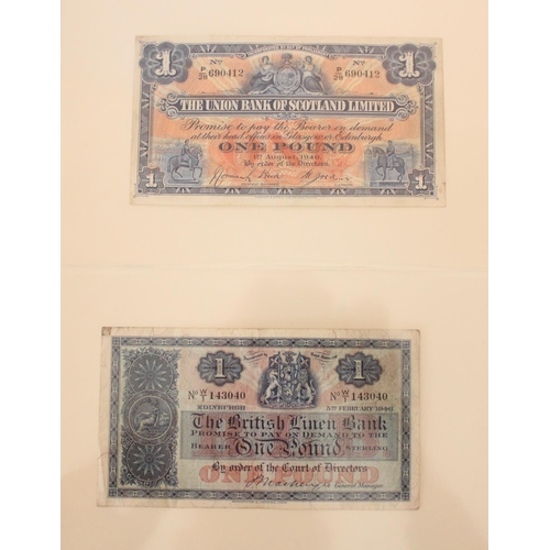 604 - Good collection of Scottish bank notes presented in blue folder, incl. National Bank of Scotland £1 ... 