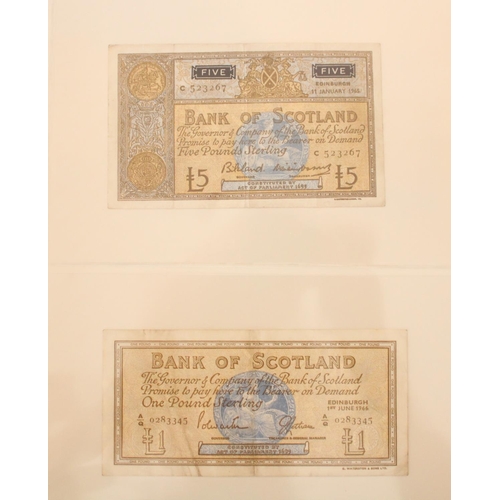 604 - Good collection of Scottish bank notes presented in blue folder, incl. National Bank of Scotland £1 ... 