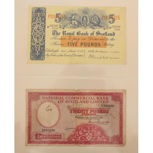 604 - Good collection of Scottish bank notes presented in blue folder, incl. National Bank of Scotland £1 ... 