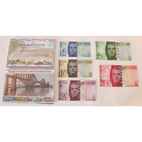 606 - Bank of Scotland Bridge Series Banknotes 2007 set, complete run £5 through £100, with early serial n... 