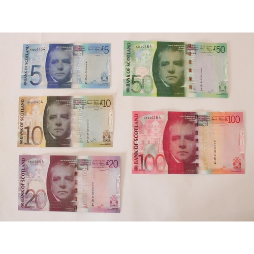 606 - Bank of Scotland Bridge Series Banknotes 2007 set, complete run £5 through £100, with early serial n... 