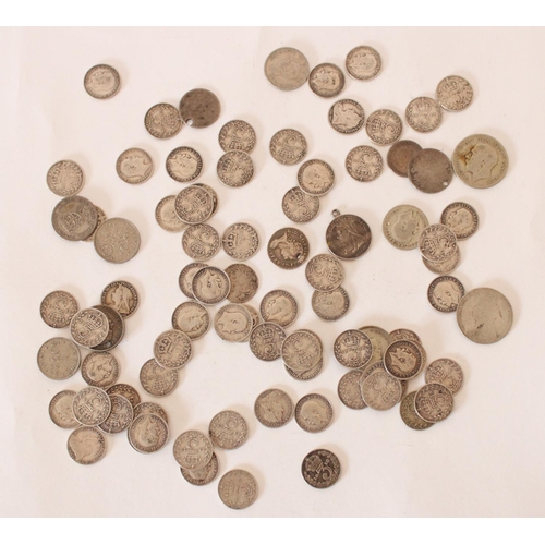 701 - Collection of pre-1920 UK silver content coinage, three pence through to shilling, 138 grams gross