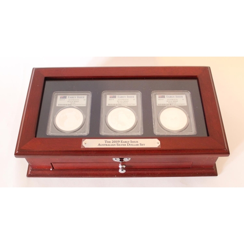 705 - 2019 Early Issue Australian three silver dollar set, all slabbed and PCGS MS69 graded, in original c... 