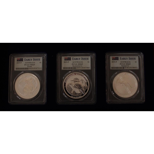 705 - 2019 Early Issue Australian three silver dollar set, all slabbed and PCGS MS69 graded, in original c... 