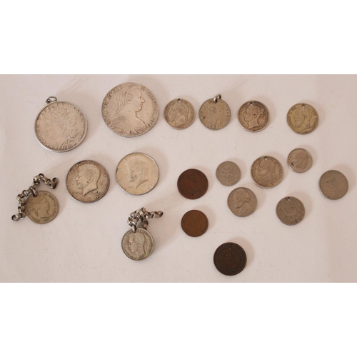 712 - Collection of misc. coinage to include Maria Thaler, 1882 silver US Morgan dollar (mounted), Kennedy... 