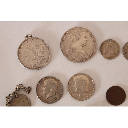 712 - Collection of misc. coinage to include Maria Thaler, 1882 silver US Morgan dollar (mounted), Kennedy... 