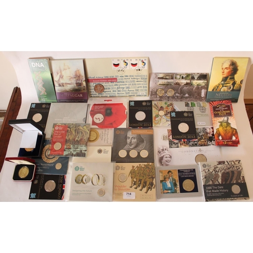 714 - Collection of UK proof coin packs, commemoratives and medallions incl. 2010 London Olympic countdown... 