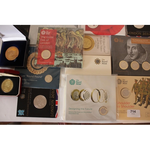 714 - Collection of UK proof coin packs, commemoratives and medallions incl. 2010 London Olympic countdown... 