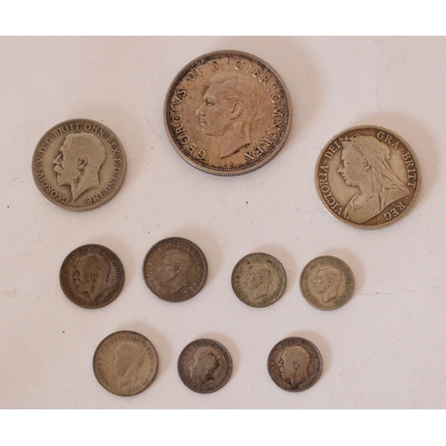 731 - Small selection of GB pre-1947 silver content coins including 1937 crown, 1897 half crown etc.