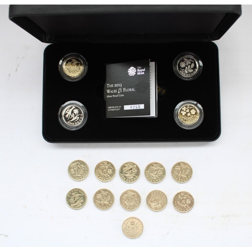 688 - 2013 Icons of a Nation Floral four coin silver proof £1 set (original box and certs) together with e... 