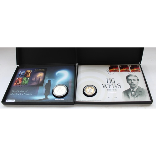 689 - HG Wells silver proof £2 coin cover and a Sherlock Holmes silver proof medal cover in original boxes