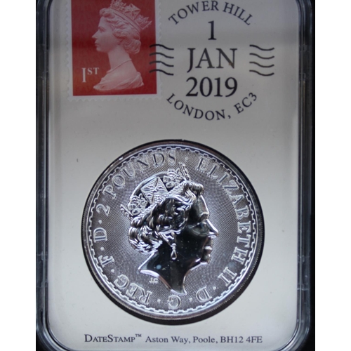 691 - UK 2019 Year of the Pig £2 silver proof coin and stamp, 2019 silver proof Britannia and stamp and a ... 