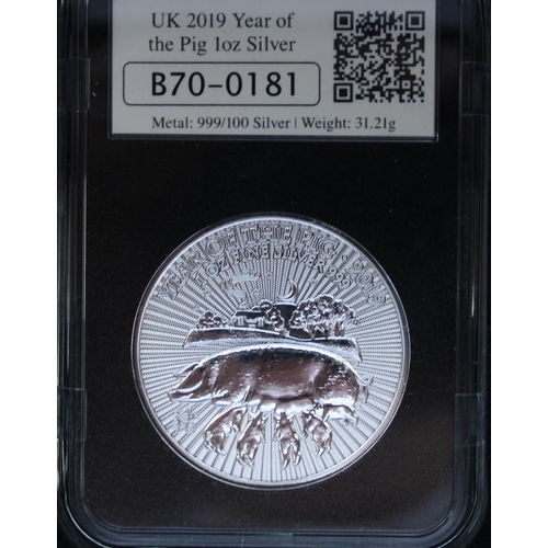 691 - UK 2019 Year of the Pig £2 silver proof coin and stamp, 2019 silver proof Britannia and stamp and a ... 