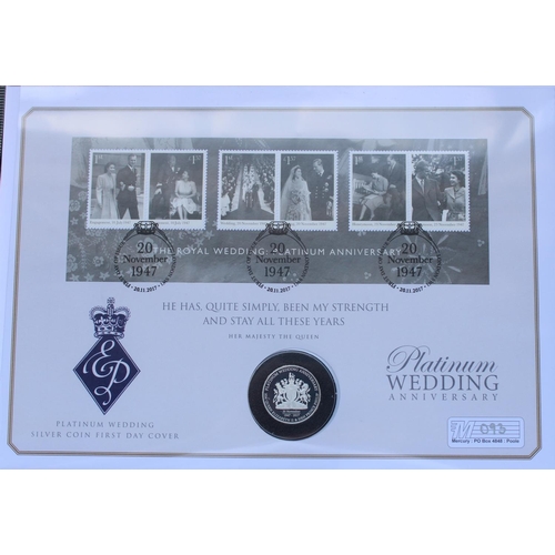 693 - Six Westminster issue coin covers to include Platinum Wedding anniversary silver proof coin covers, ... 