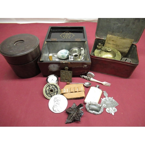 201 - Early C20th red lacquered papier Mache tea caddy containing miscellanea, a early C20th Picnic Wickle... 