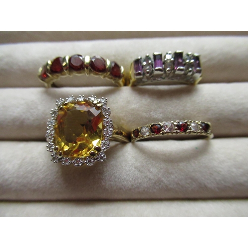 46 - 9ct yellow gold diamond yellow stone ring, size P, 9ct yellow gold red and white stone ring, size M,... 