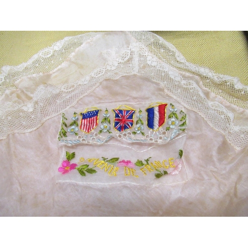 219 - WWI embroidered silk handkerchief with lace edge, 1960s chad Valley 