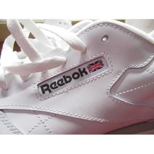 274 - Boxed as new Reebok Classic white leather trainers, size 11.5