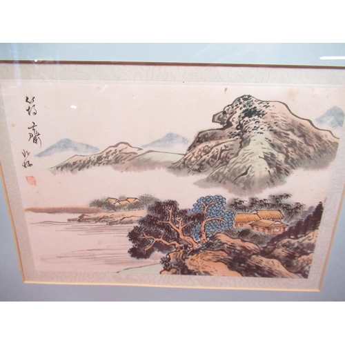 516 - Chinese School (C20th); Traditional Chinese landscape, watercolour on silk, six character marks red ... 