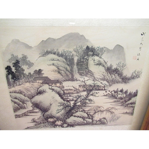 516 - Chinese School (C20th); Traditional Chinese landscape, watercolour on silk, six character marks red ... 