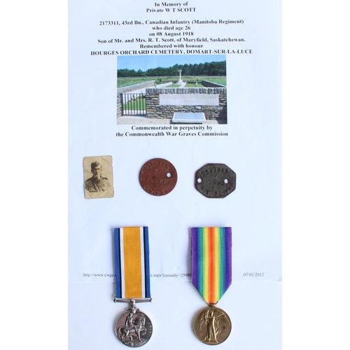 100 - WWI casualty pair of 1914-1918 war medal and victory medal awarded to 2173311 Pte. W T Scott, 43rd B... 