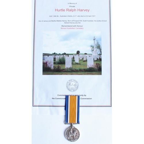 105 - WWI casualty 1914-1918 war medal awarded to 3347  Pte. Hurtle Ralph Harvey, 50th Battalion Australia... 