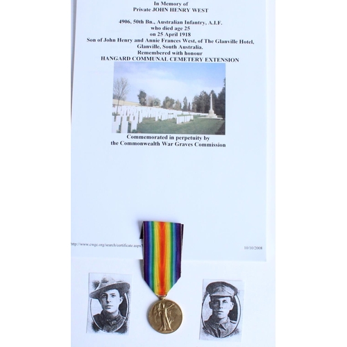 107 - WWI casualty victory medal awarded to 4906 Pte. John Henry West, 50th Battalion Australian Infantry ... 