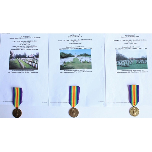 108 - Three WWI Royal Field Artillery casualty victory medals awarded to 630949 Gunner G McFarquhar A Bty/... 