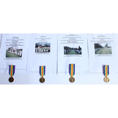 109 - Four WWI Royal Field Artillery casualty victory medals awarded to 203555 Gnr. Reginald Percy Ives B ... 