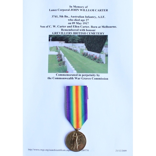 39 - WWI casualty victory medal awarded to 3741 LCpl. John William Carter, 5th Bn. Australian Infantry, A... 