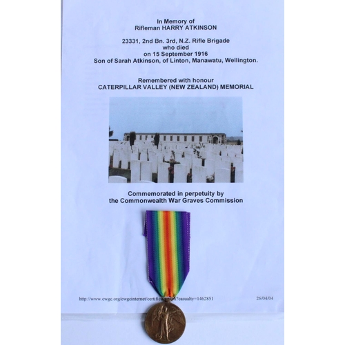 42 - WWI casualty victory medal awarded to 23331 Rifleman Harry Atkinson 2nd Bn. 3rd New Zealand Rifle Br... 