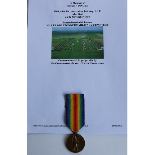 47 - WWI casualty victory medal awarded to 5009 Pte. P Dingle, 49th Battalion Australian Infantry, AIF, w... 