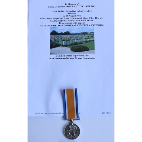 52 - WWI casualty 1914-1918 war medal awarded to 2488 LCpl Sydney Victor Hampton, 1st Bn. Australian Infa... 