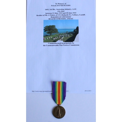 59 - WWI casualty victory medal awarded to 1603 Pte. David Peters, 3rd Battalion Australian Infantry AIF,... 