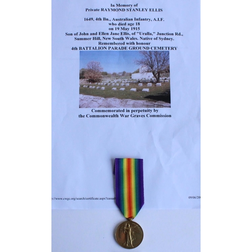 61 - WWI casualty victory medal awarded to 1649 Pte. Raymond Stanley Ellis, 4th Battalion Australian Infa... 