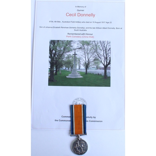 62 - WWI casualty 1914-1918 war medal awarded to 6704 Gnr. Cecil Donnelly 4th Bde. Australian Field Artil... 