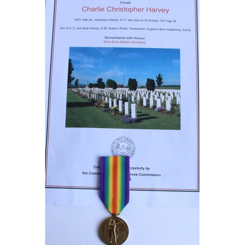 63 - WWI casualty victory medal awarded to 3072 Charlie Christopher Harvey 44th Battalion Australian Infa... 