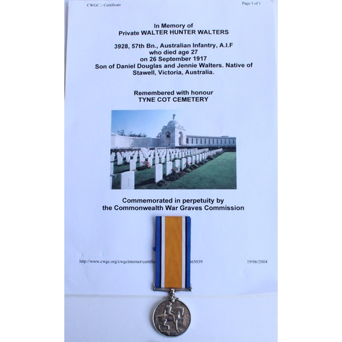 64 - WWI casualty 1914-1918 war medal awarded to 3928 Pte. Walter Hunter Walters, 57th Battalion Australi... 