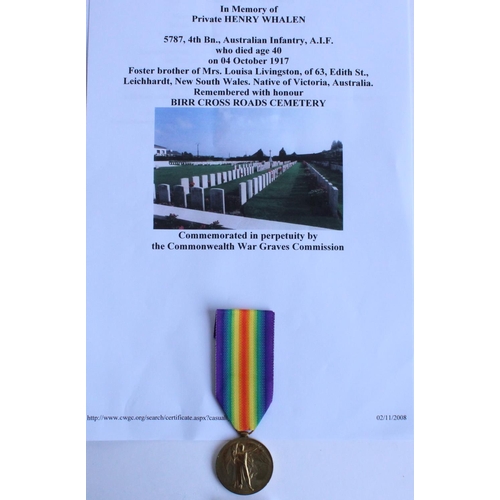 65 - WWI casualty victory medal awarded to 5787 Pte. Henry Whalen, 4th Battalion Australian Infantry AIF,... 