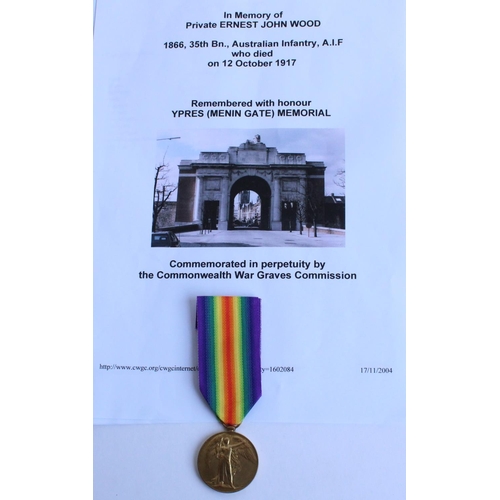 66 - WWI casualty victory medal awarded to 1866 Pte. Ernest John Wood, 35th Battalion Australian Infantry... 