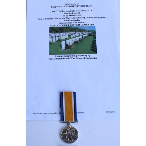 67 - WWI casualty 1914-1918 war medal awarded to 2421 Cpl. Alfred Henry Routley, 27th Battalion Australia... 