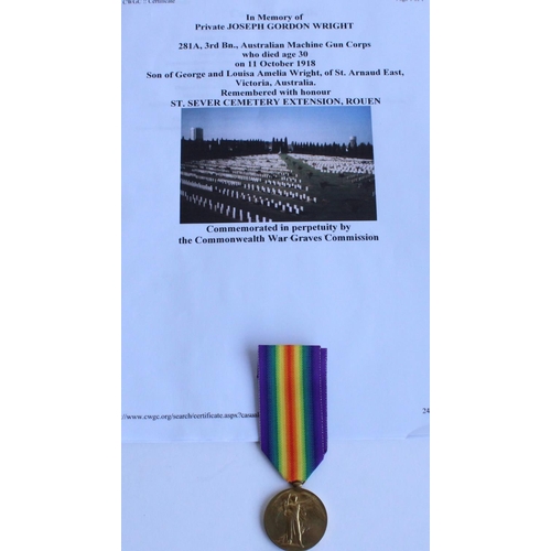 69 - WWI casualty victory medal awarded to 281A Pte. Joseph Gordon Wright, 3rd Battalion Australian Machi... 