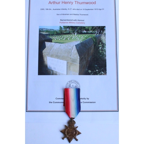 70 - WWI casualty 1914-1915 star awarded to 2265 Pte. Arthur Henry Thumwood, 16th Battalion Australian In... 