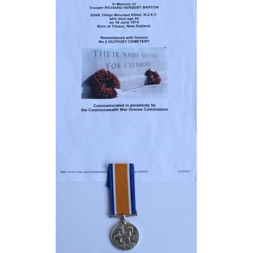 71 - WWI casualty 1914-1918 war medal awarded to 9/548 Trooper Richard Herbert Barton, Otago Mounted Rifl... 