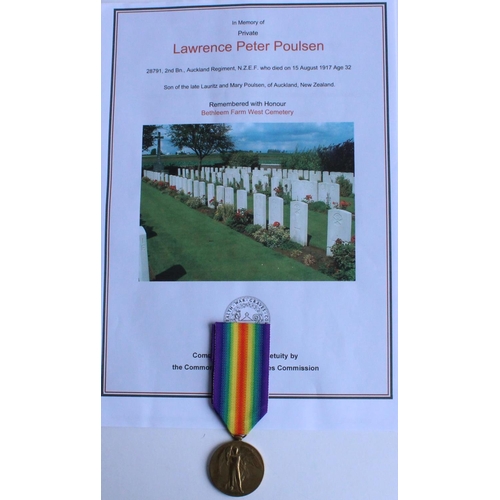 73 - WWI casualty victory medal awarded to 28791 Lawrence Peter Poulsen, 2nd Battalion Auckland Regt, N.Z... 